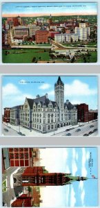 3 Postcards MILWAUKEE, WI ~ CITY HALL, Post Office, Bird's Eye View c1940s Linen