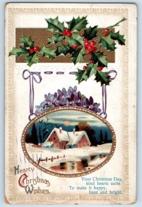 Christmas Postcard Houses Winter Scene Holly Berries Tied Seal Clapsaddle 1912