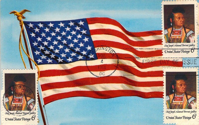 Chief Joseph, First Day of Issue on US Flag, 1968, Old Postcard