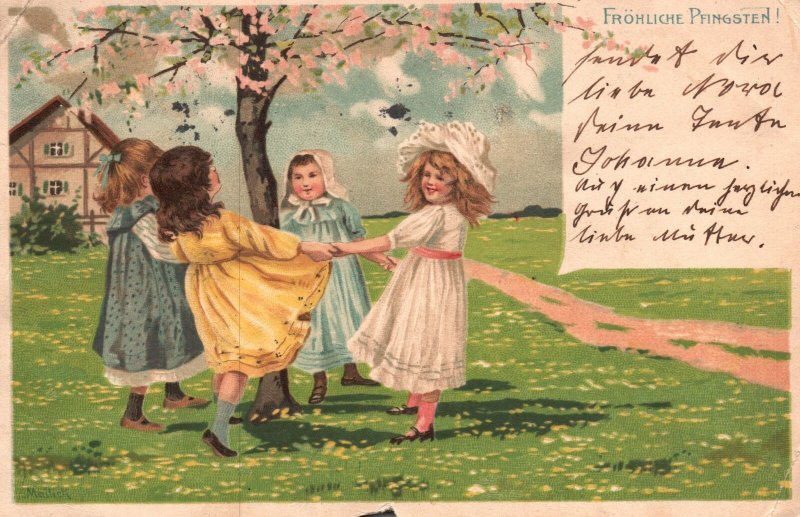 Vintage Postcard 1905 Frohliche Pfingsten Happy Pentecost Girls Playing Greeting 