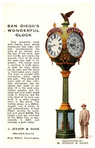 Postcard CA San Diego's Wonderful Clock J. Jessop and Son's Granger Block