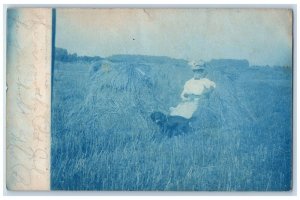 c1910's Candid Woman Dog Hay Field Cyanotype Toledo OH RPPC Photo Postcard 