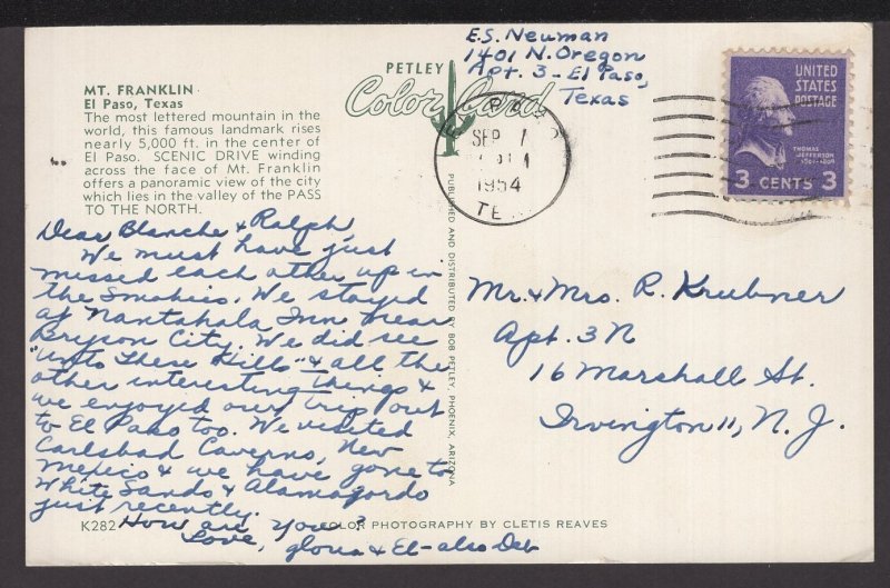 Texas EL PASO Mt. Franklin a Panoramic View of the City pm1954 ~ Chrome