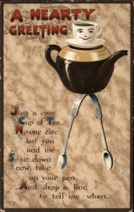 Fantasy Teapot Cup Spoons Person BB London Series c1910 Postcard