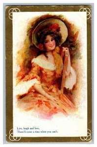 Postcard Beautiful Woman Live Laugh Love Vintage Standard View Card c1900s