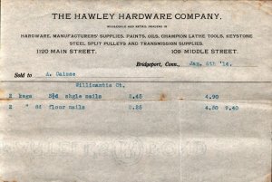 1914  Bridgeport  Connecticut  The Hawley Hardware Co.  Receipt  8 x 5