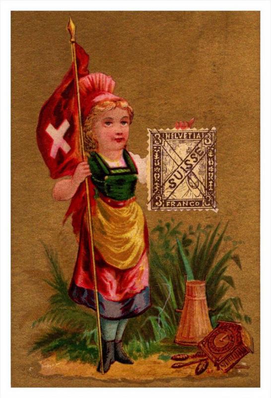 Suisse  Stamp, Flag, Girl   Victorian Philatelic Trade Card