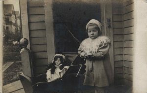 Little Girl & Doll in Carriage Boston MA Cancel c1910 Real Photo Postcard