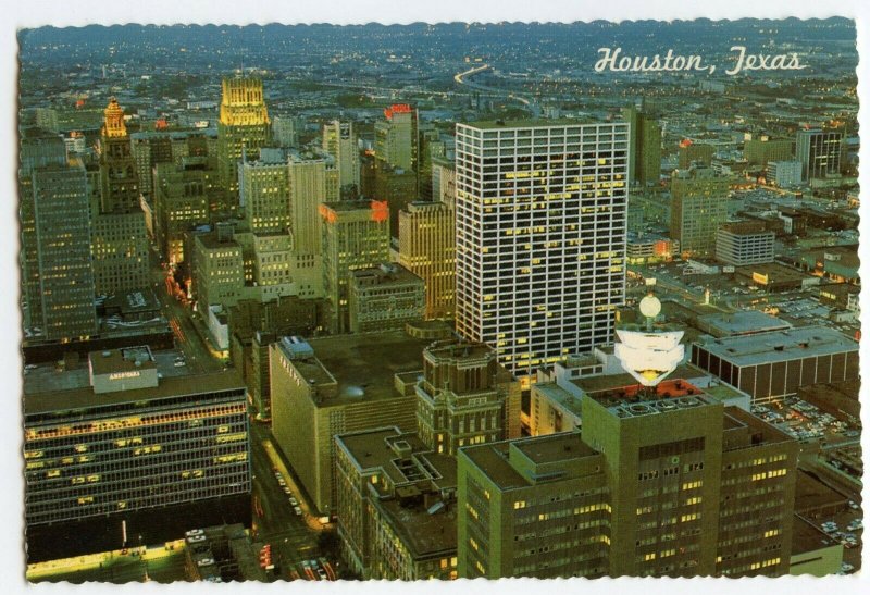 Postcard Houston Texas Skyline Lights Downtown Continental Aerial View Card