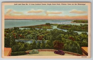 Clinton Iowa Lock and Dam no 13 from Lookout Tower Eagle Point Park Postcard D29