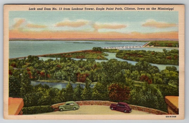 Clinton Iowa Lock and Dam no 13 from Lookout Tower Eagle Point Park Postcard D29