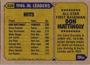 1987 Topps Baseball Card All Star Don Mattingly New York Yankees sk3245