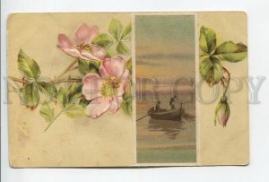 462062 Catharina KLEIN Wild Rose & Landscape FISHING Vintage postcard EMBOSSED