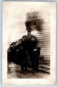 Train Postcard RPPC Photo Double Exposure Trick Photography c1910's Antique