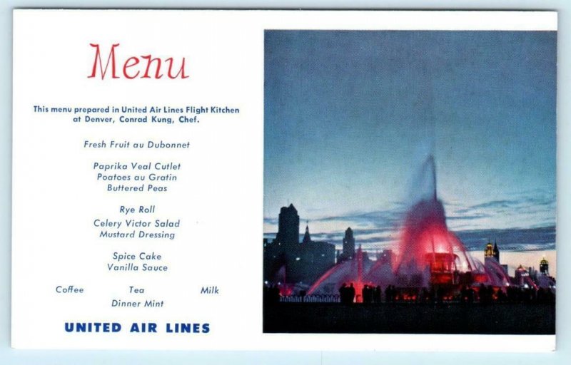 UNITED AIR LINES Menu Postcard CHICAGO Buckingham Fountain - Chef Kung, Denver