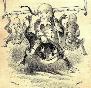 1880's F. M. Sweet Dry & Fancy Goods homens asiáticos montando sapos gigantes China P145-