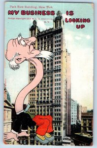 New York NY Postcard Park Row Building Cartoon Caricature 1913 Posted Antique