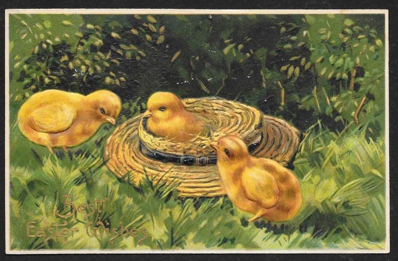 Best Easter Wishes Chicks & Straw Hat Used c1910s