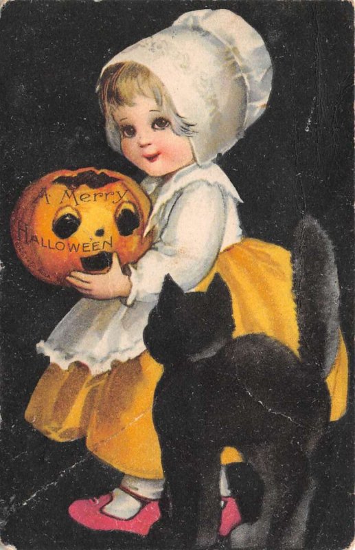 A Merry Hallowe'en Clapsaddle Girl W/ Jack-O-Lantern & Black Cat, Some Creasing