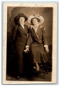 1914 Studio Portrait Women Hats Feathers Clarksburg WV RPPC Photo Postcard