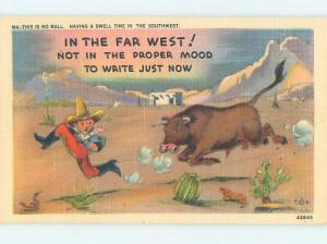 Linen comic OLD WEST COWBOY RUNNING FROM BULL HJ1980