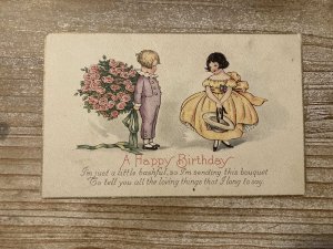 A Happy Birthday, Little Boy and Girl, Roses, Bashful Poem, Antique Postcard