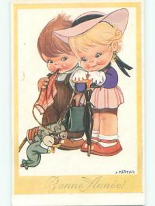 Pre-Linen foreign signed CUTE FRENCH GIRL WITH UMBRELLA BESIDE BOY k6756