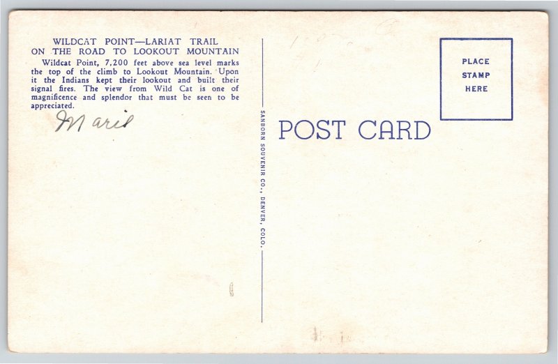 Denver Mt Parks~Wildcat Point Lookout Mountain~Vintage Postcard