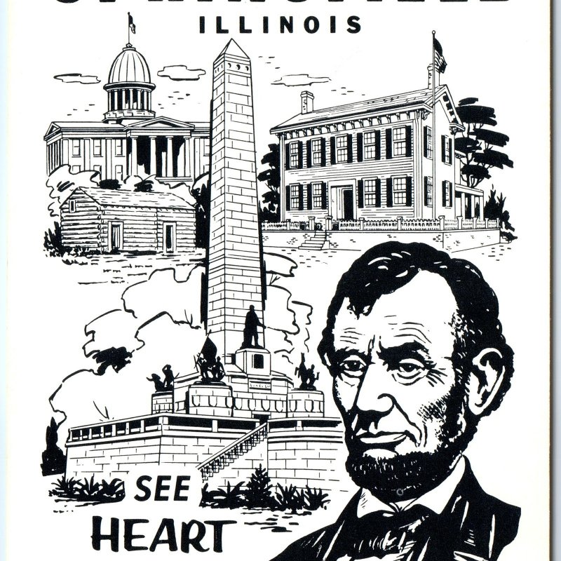 c1970s Springfield IL Lincoln Land Tourism Advertising Art Sketch Chrome PC A297