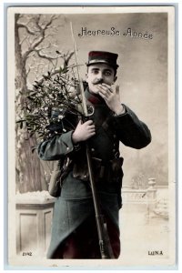 France Postcard RPPC Photo New Year Military Soldier With Mistletoe Winter