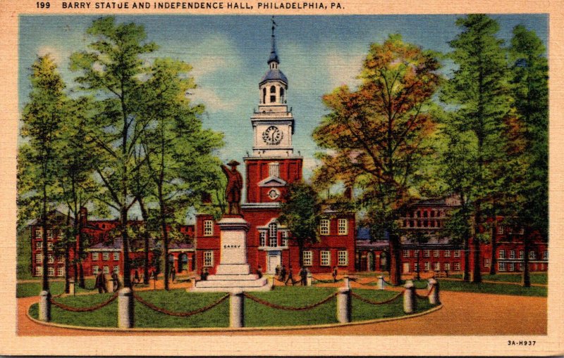 Pennsylvania Philadelphia Barry Statue and Independence Hall 1939 Curfteih