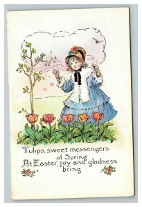 Vintage 1920's Easter Postcard Cute Girl in Blue Dress & Bonnet Pink Tulips