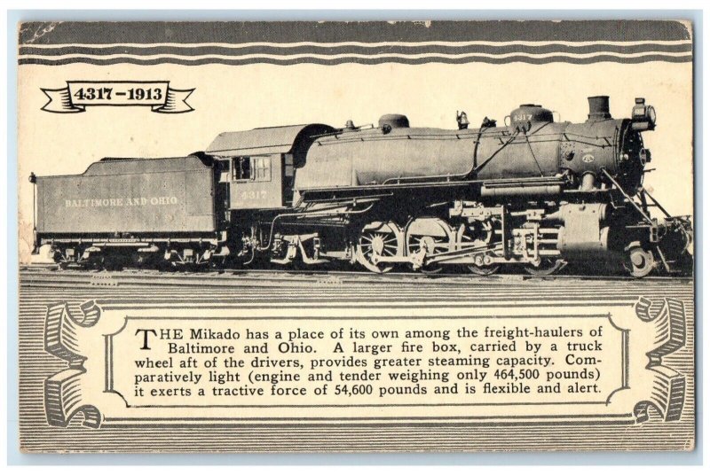 c1905 B&O Railroad 4317 Mikado Baltimore Ohio Locomotive Train Antique Postcard