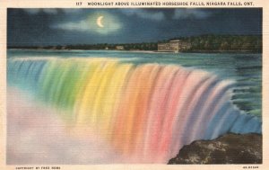 Vintage Postcard 1930's Moonlight Above Illuminated Horseshoe Falls Niagara Fall