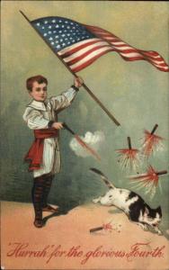 4th Fourth of July c1910 Postcard BOY AMERICAN FLAG ABUSING CAT - PFB 