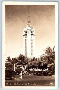 Honolulu Hawaii HI USS Savannah Postcard RPPC Photo Aloha Tower Clock Tower Cars