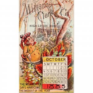 WILLIAMS CLARK & CO - Fertilizers - October 1885 - Calendar Victorian Trade Card