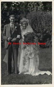 Unknown Location, RPPC, Wedding Bride with Bouquet & Groom Posing on Grass