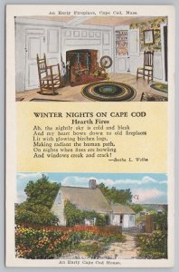 Linen~Earyl Fireplace & Home Winter Nights On Cape Cod & Poem~Vintage Postcard