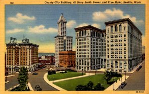 Seattle, Washington - County-City Building, Smith Tower & Frye Hotel - in 1940s