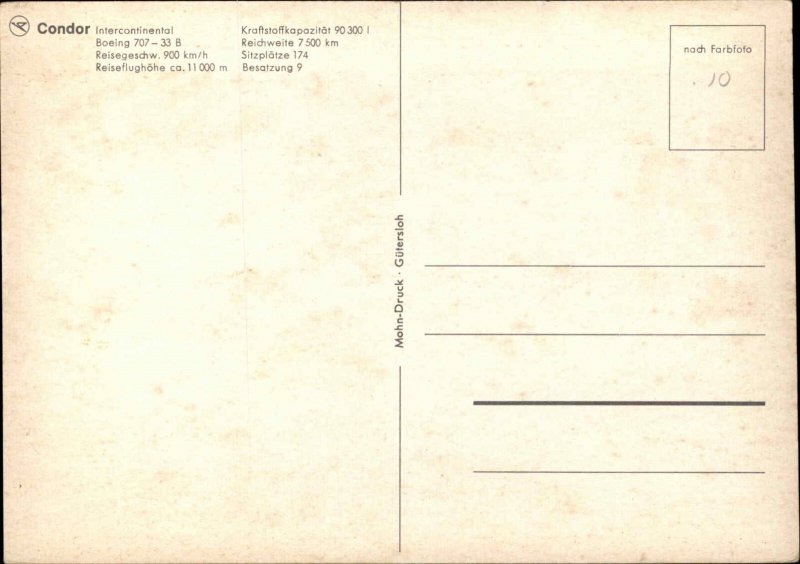 Condor Intercontinental Boeing 707-33B Airplane Vintage Postcard