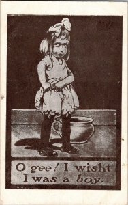 Virginia Wells Postcard Little Girl O Gee I Wisht I Was A Boy c1910 Antique JT15