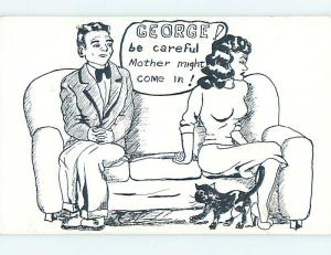 Unused Pre-1980 comic CAT BESIDE COUPLE ON COUCH o8013
