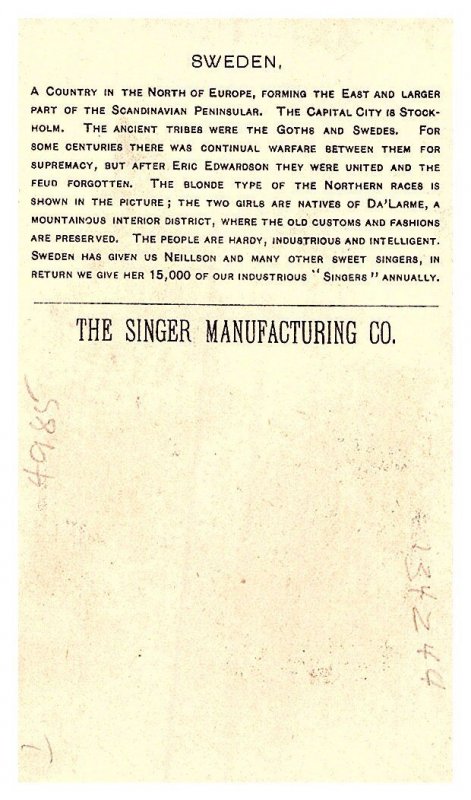 1892 Singer Manufacturing Trade Card -  Sweden