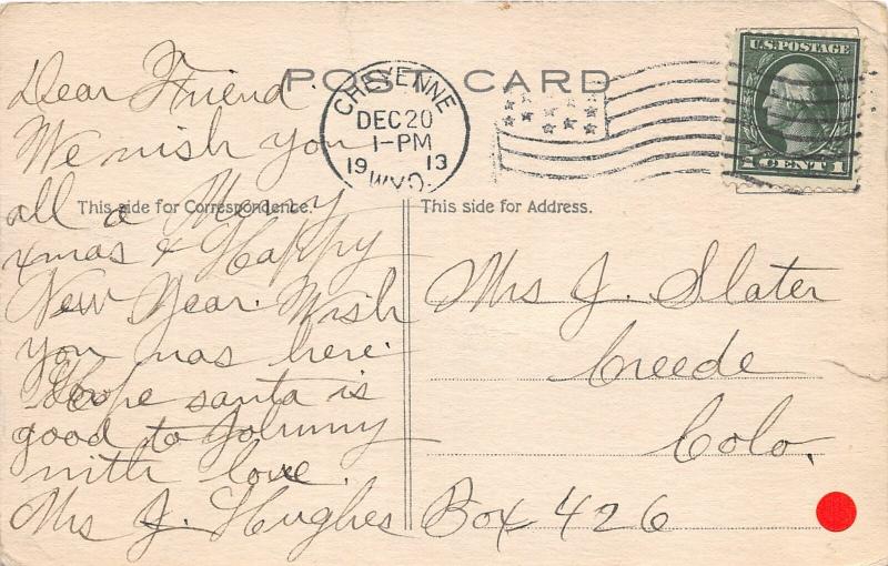 F25/ Santa Claus Merry Christmas Postcard 1913 Cheyenne Wyoming 3