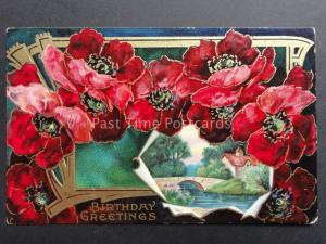 Embossed Poppies Postcard: Birthday Greeting - Series 1460b - Donation to R.B.L.