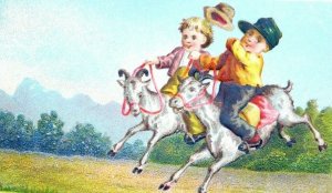 1880s Lovely Cute Colorful 2 Kids Riding Goats Embossed Victorian Card F8