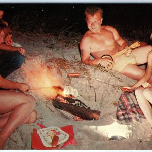 c1950s Yum! Group Friends Campfire Cook Hotdogs Banjo Julius Fanta Postcard A91