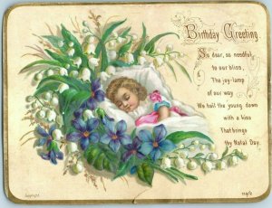 1880's Adorable Baby Flower Bed Birthday Poem Embossed Victorian Card #2 P142