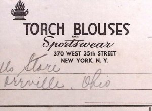 1937 TORCH BLOUSES SPORTSWEAR NEW YORK WALLS ORRVILLE OHIO BILLHEAD INVOICE Z249